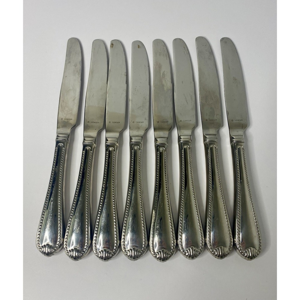 8 Dinner Knives Hollow Lenox BEAD Glossy Plume Tip Stainless 9 1/4" #2